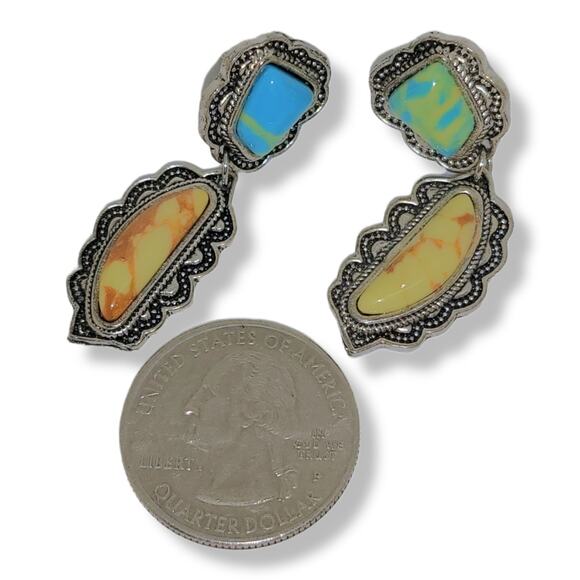 Silver-Tone Southwest Design Simulated Gemstone Drop Dangle Pierced Earrings - Picture 2 of 6